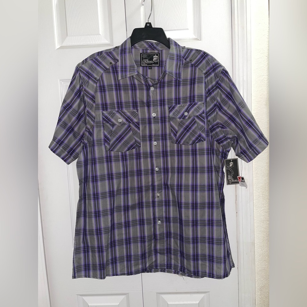 Elixir Mens Size XL Shirt Button Up Short Sleeve Purple/Gray Shirt